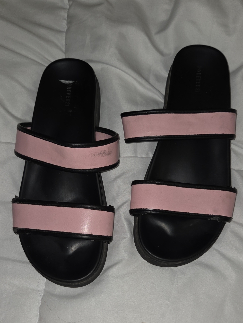 Forever 21 Pink and Black Double Strap Slide Sandals